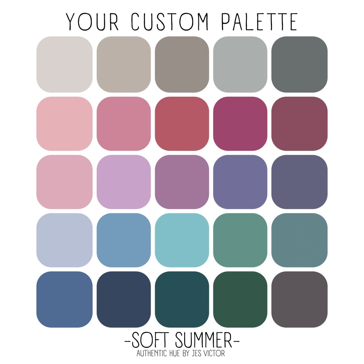 An example custom palette of 25 colors for the Soft Summer season